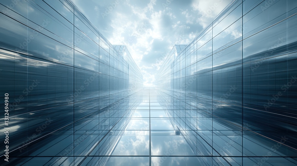 Two modern mirrored buildings with sky above them Two modern mirrored buildings with sky above them