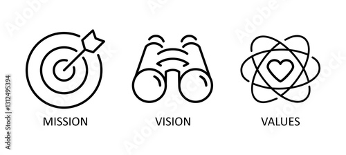 Vision, mission and values editable stroke outline icons set isolated on white background flat vector illustration. Pixel perfect. png
