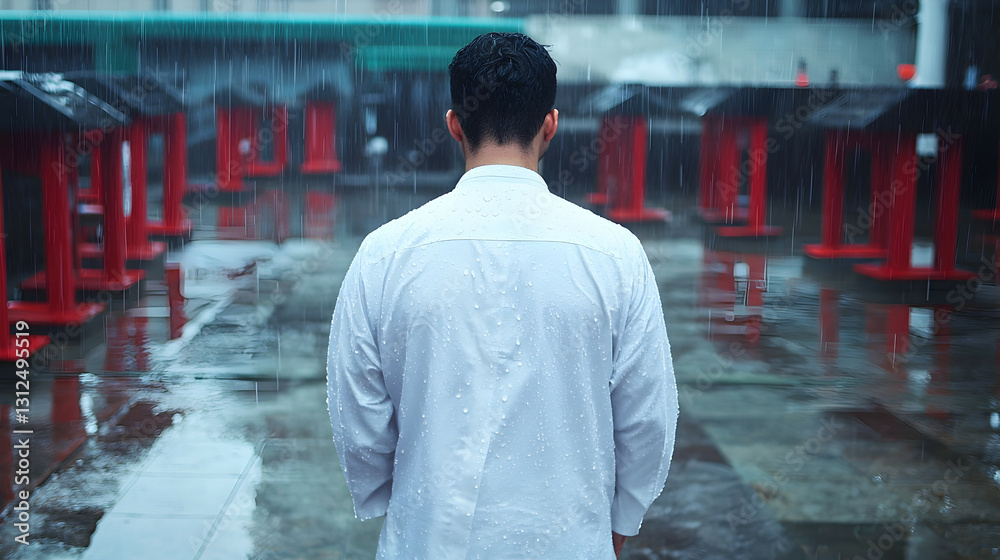 Person in white shirt walking during a rainy day outdoors