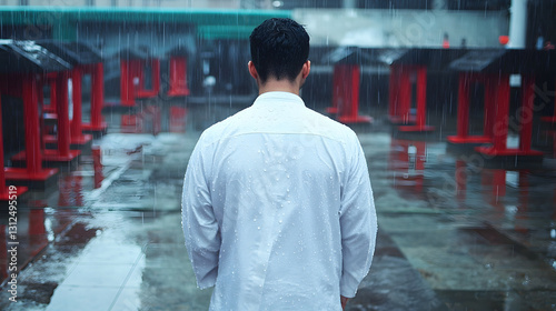 Obraz na płótnie Person in white shirt walking during a rainy day outdoors w salonie