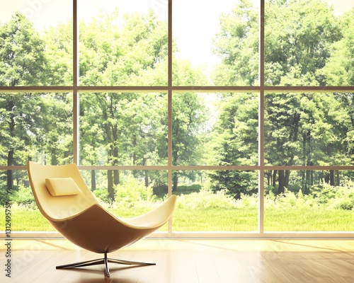 A modern, simple living room with large windows overlooking a lush garden, evoking calm and sustainability. Perfect for ads or articles on eco-friendly living and minimalist interior design.