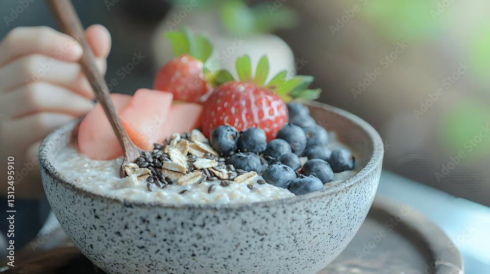 Delicious bowl of oatmeal is topped with fresh fruit and seeds