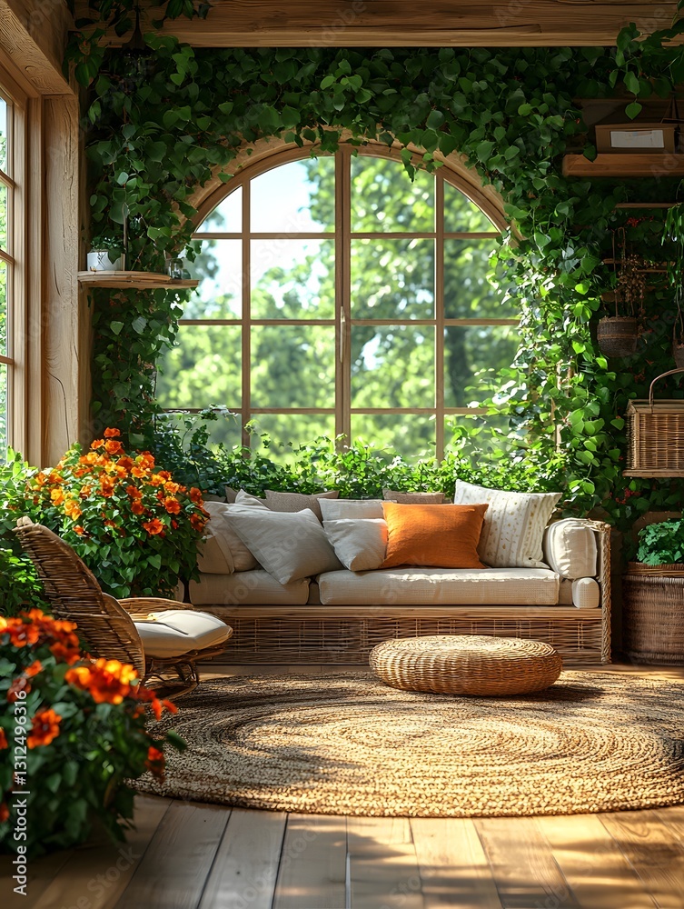 Obraz premium A modern, simple living room with large windows overlooking a lush garden, evoking calm and sustainability. Perfect for ads or articles on eco-friendly living and minimalist interior design.