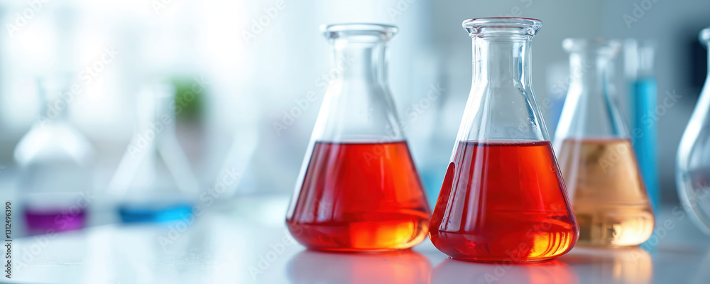 Red chemical liquid in flask on lab table, blue tone banner. Research chemistry science background featuring transparent glassware filled fluids, experiment. Conical university laboratory analysis Red chemical liquid in flask on lab table, blue tone banner. Research chemistry science background featuring transparent glassware filled fluids, experiment. Conical university laboratory analysis