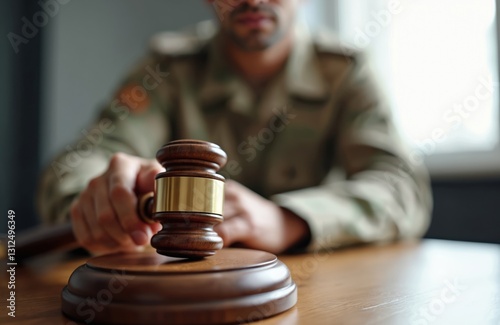 Close-up of soldier in military uniform holding gavel near sound block. Concept of military law, legal authority and justice. Court hearing verdict, trial and legal proceedings.