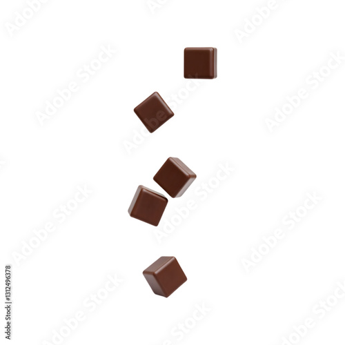 floating chocolate pieces in mid air isolated on a white background, a rich and sweet confection ideal for desserts, baking and food photography	