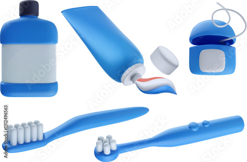 Set of dental care tools for cleaning teeth. Toothpaste, floss, mouthwash, toothbrush in 3d glossy style. Vector 3d illustration for kids.