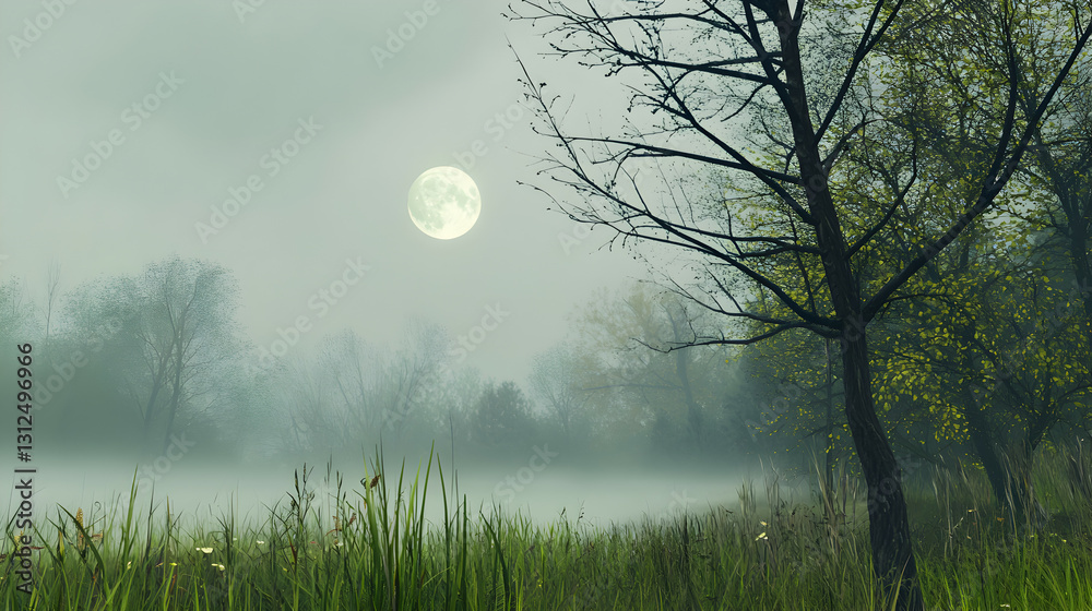 A misty landscape features a full moon shining above the trees