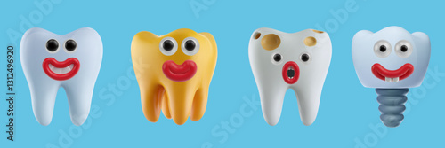 Funny tooth with cute face in cartoon 3d style. Set of sweet characters for kids. Vector illustration.