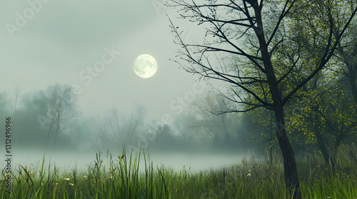 A misty landscape features a full moon shining above the trees