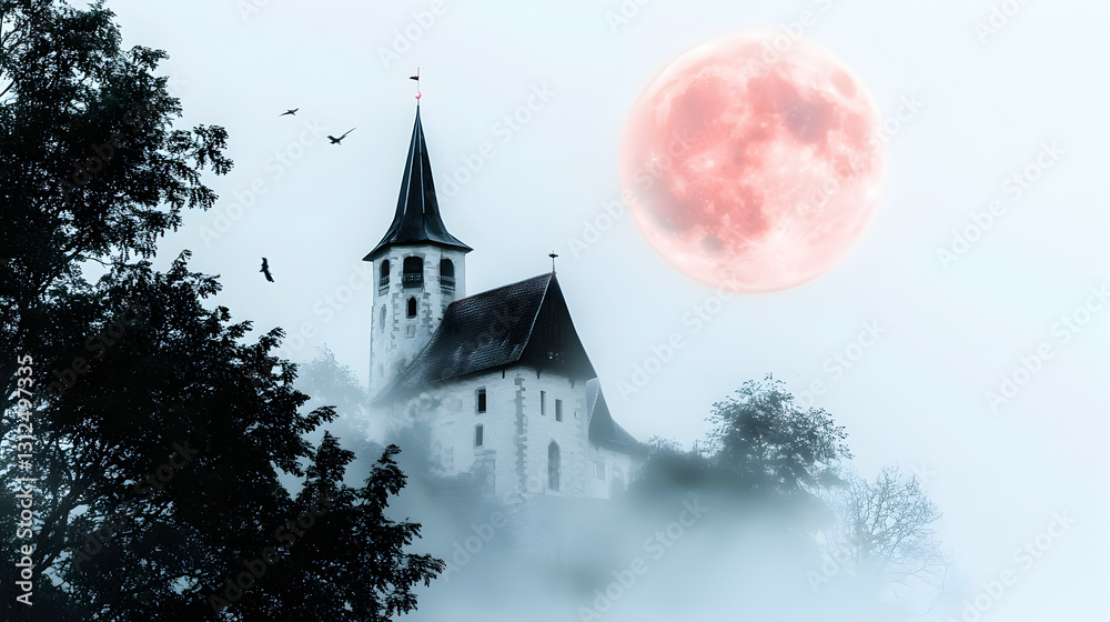 A gothic church with a bright red moon and eerie ambiance