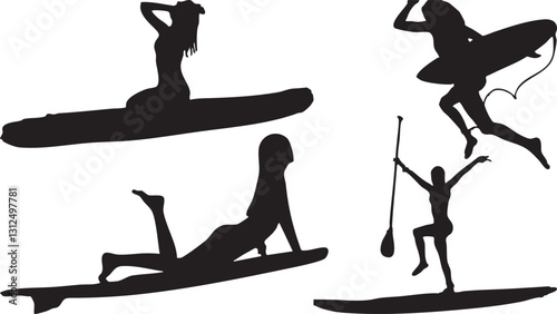 Relaxing and Extreme Surfboard Silhouette Set – Unique Vector Bundle of Surfer Girls, Paddleboarding, and Action Jumps – EPS on Transparent Background