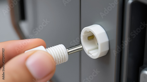 Using a Phillips screwdriver, loosen the screw on the white electrical power plug, close up. The process of parsing the body of plastic electrical plug. Repair and maintenance of electrical equipment photo