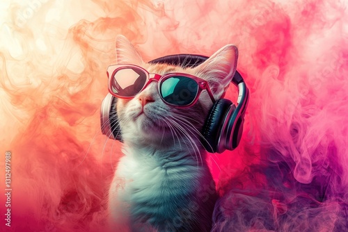 A fashionable cat wearing pink sunglasses and black headphones, surrounded by vibrant swirling smoke in warm neon hues. Ideal for music, digital art, entertainment, and creative projects