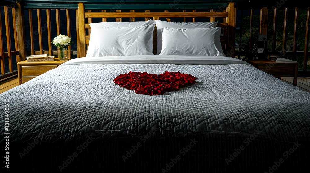 A bed decorated with red rose petals forming a heart shape