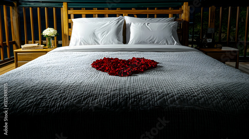 Obraz na płótnie A bed decorated with red rose petals forming a heart shape w salonie