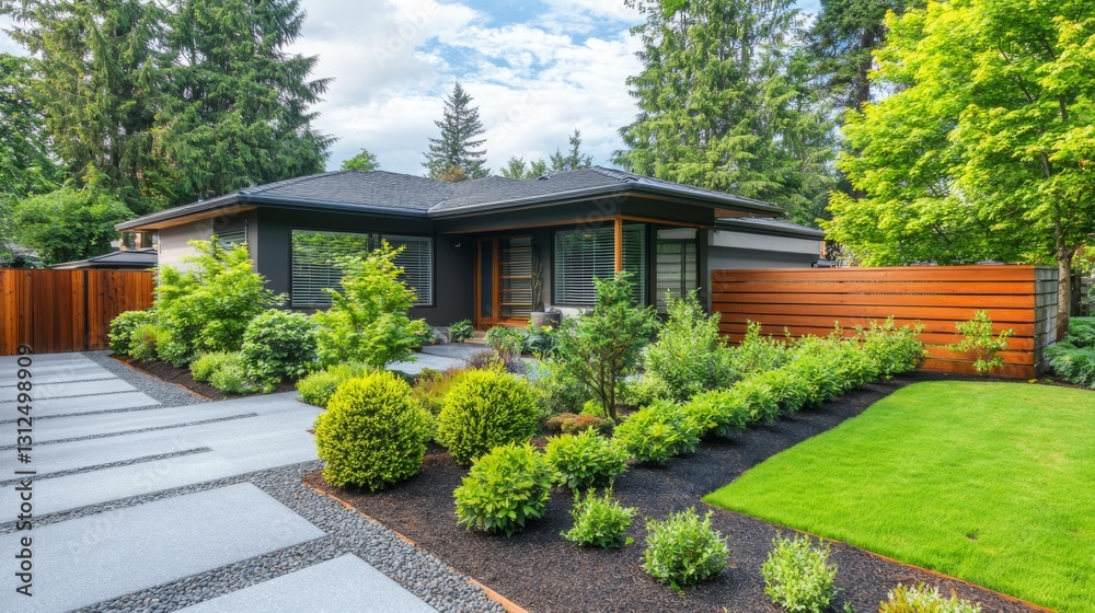 Obraz premium Beautiful modern house with landscaped garden in a peaceful residential area surrounded by trees