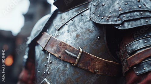 A man is wearing a heavy metal armor with a brown belt. The belt is worn and has a worn look to it