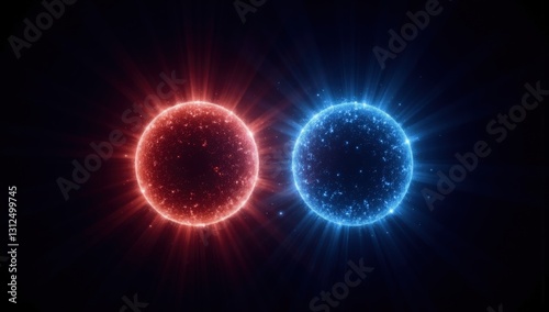 Two luminous balls, blue and red, symmetrically placed on a black background, symbolize 2 teams