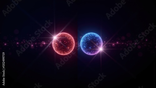 Two luminous balls, blue and red, symmetrically placed on a black background, symbolize 2 teams
