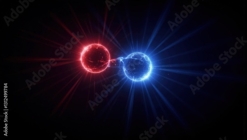 Two luminous balls, blue and red, symmetrically placed on a black background, symbolize 2 teams