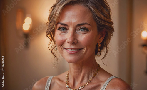 Woman with a necklace and earrings is smiling. She looks happy and content. The necklace is gold and has a diamond pendant. The earrings are also gold and have a diamond design. The lighting in the