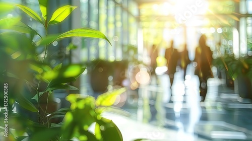 Eco-friendly office with plants, sunlight, and business people walking in a modern workspace.