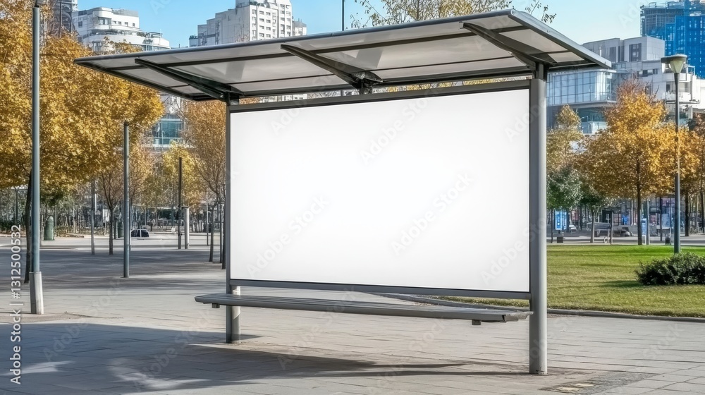The image shows a vibrant city street with a bus stop and a blank billboard surrounded by lush greenery and modern buildings, creating an engaging and visually appealing environment
