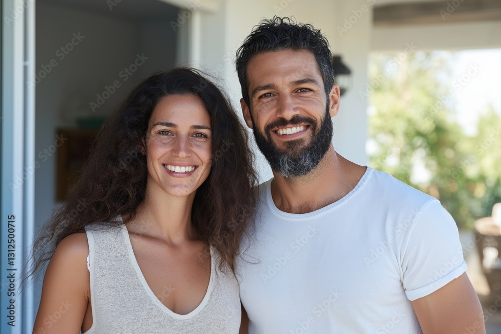 Fototapeta premium A man and woman are smiling for the camera. The man has a beard and the woman has long hair
