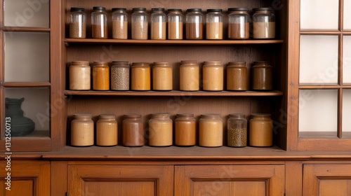 Wallpaper Mural Shelves filled with various jars of spices and ingredients in a rustic wooden cabinet Torontodigital.ca