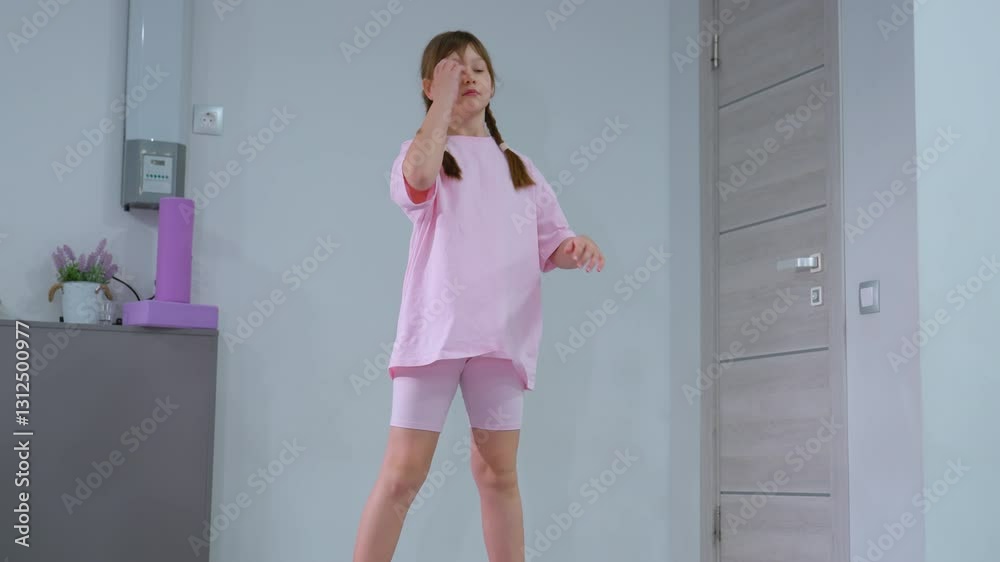 Young child balancing on yellow rubber squat pads, extending hand forward for stability, background features gym equipment, including foam rollers and a storage cabinet