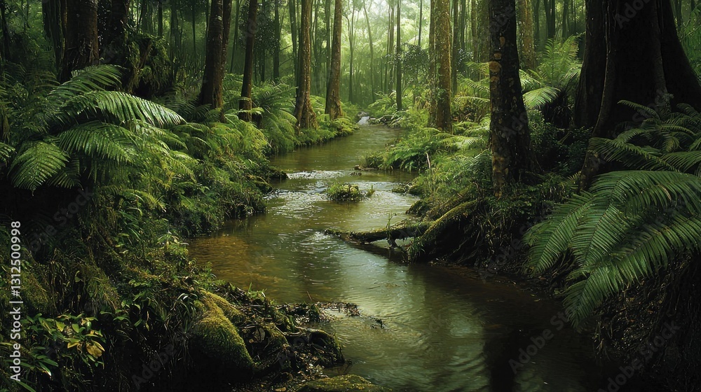 Tranquil rainforest creek flowing through lush foliage Tranquil rainforest creek flowing through lush foliage