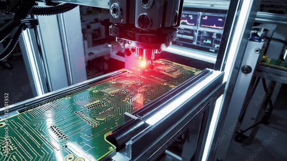 A robotic arm precisely assembles a microchip on a green circuit board. Automatic equipment diagnose and test chips and processors. Manufacture of electronic chips. High-tech, close-up