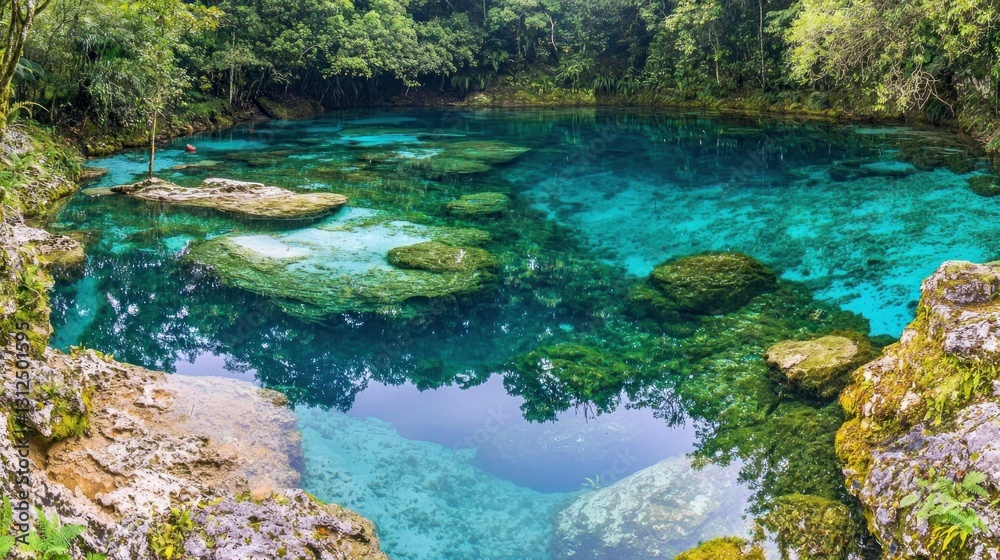 Azure spring in a lush forest; tranquil pool, crystal-clear water Azure spring in a lush forest; tranquil pool, crystal-clear water