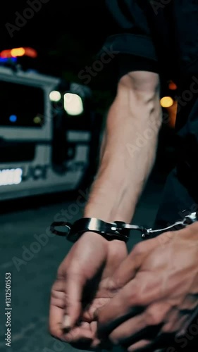Closeup of handcuffed arrest at night with police car in background
