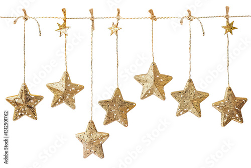 Golden Star Garland. Celebration And Party Decor. Christmas Ornament On White Background.