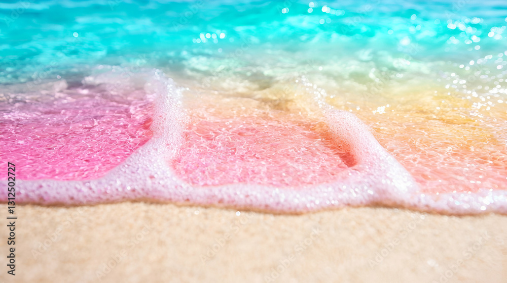 Fototapeta premium Serene pastel waves gently lap the shore, blending pink, blue, and yellow hues against soft golden sand with sunlight glistening on the surface