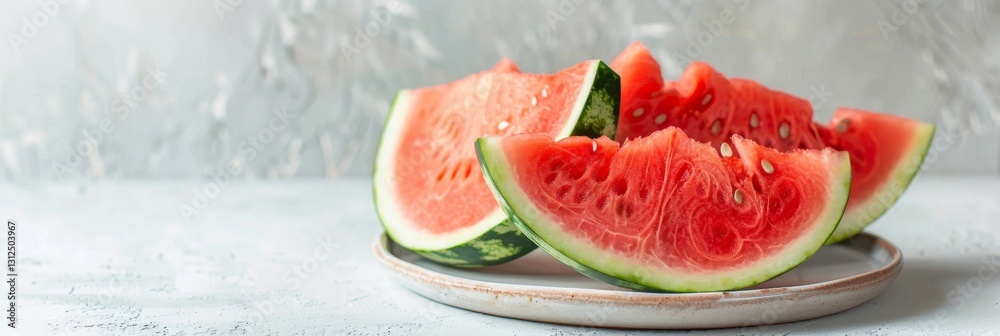 Slices of fresh watermelon on a simple plate set against a light textured background. Copy space Slices of fresh watermelon on a simple plate set against a light textured background. Copy space