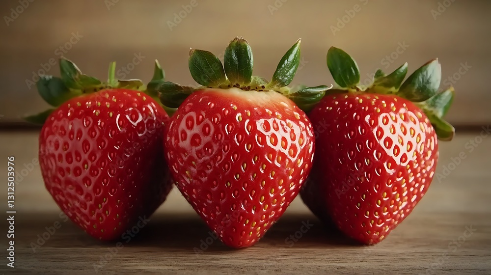 Three strawberries aligned on wood surface; can be used for promoting healthy eating Three strawberries aligned on wood surface; can be used for promoting healthy eating