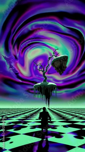 Surreal vortex journey with melting clock and twisted landscapes