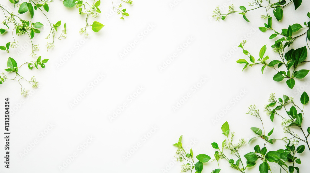 Fresh green leaves and delicate white flowers on clean white background Fresh green leaves and delicate white flowers on clean white background