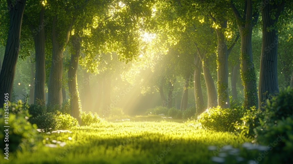 A sunlit forest path illuminated by bright and warming sunlight A sunlit forest path illuminated by bright and warming sunlight