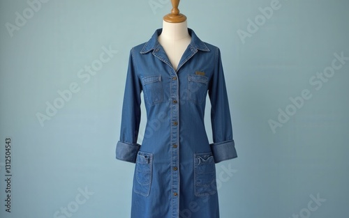Wallpaper Mural Blue Denim Dress on Mannequin with Button Down Style and Patch Pockets Torontodigital.ca