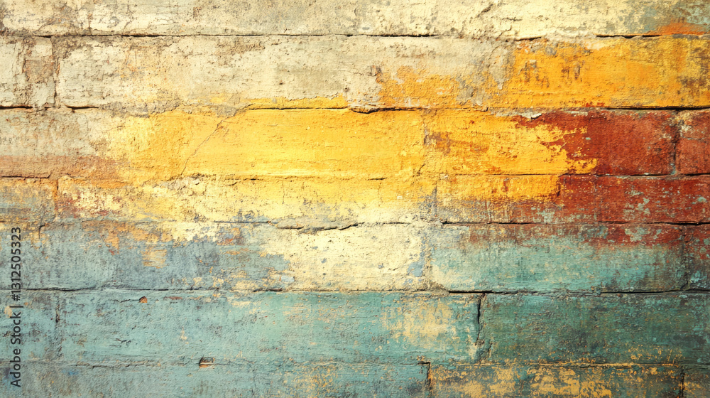 Fototapeta premium Colorful weathered brick wall with yellow, red, and blue paint layers