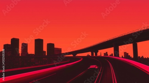 Chromatic Gradients at Dusk with a City Silhouette and Roadway