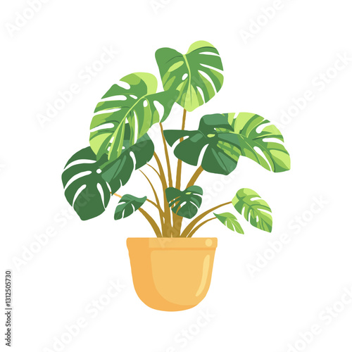 Illustration of a monstera plant in a yellow pot featuring large green leaves on a white background. Concept of indoor plant decor