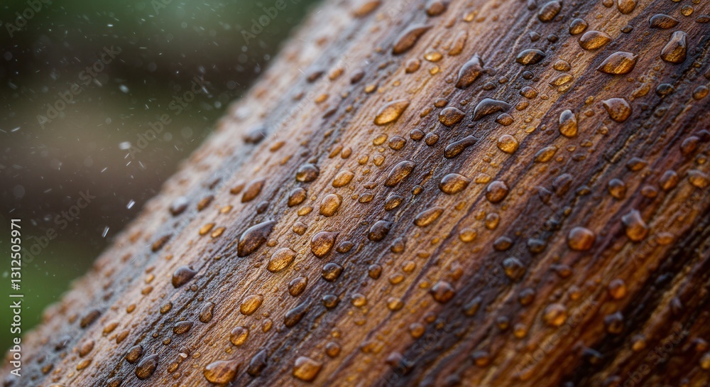 Fototapeta premium Water Droplets on Wood Surface After Rain with Green Background