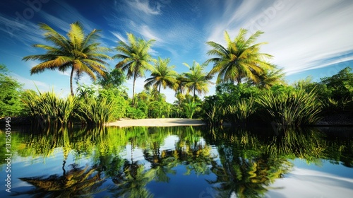 Tropical paradise, calm river, palm trees, serene beach, vibrant sky reflection