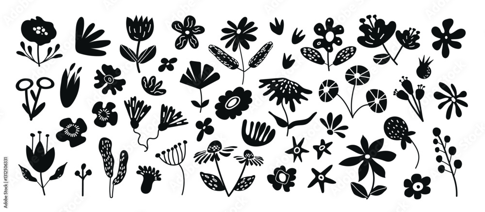 Fototapeta premium Abstract Floral Vector Set. A collection of black vector silhouettes featuring various flowers, leaves, and botanical cutout shapes. Perfect for decorative stickers and design projects.