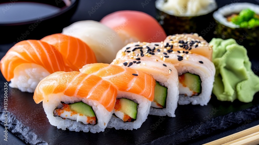 Freshly prepared sushi assortment on a black slate plate with wasabi and soy sauce Freshly prepared sushi assortment on a black slate plate with wasabi and soy sauce